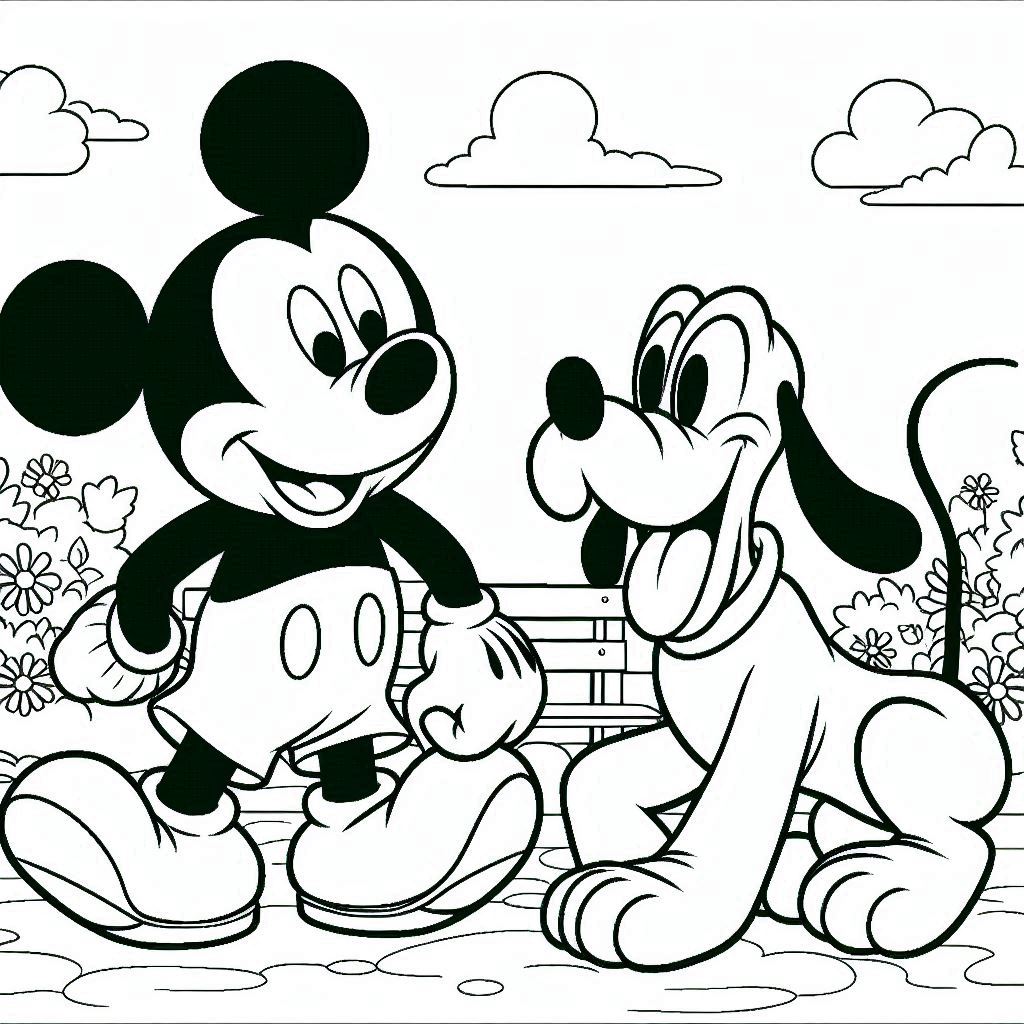 Mickey Mouse speelt met Pluto kleurplaat download en printen