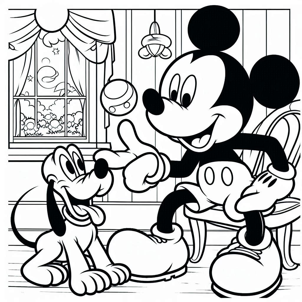 Mickey Mouse speelt met Pluto kleurplaat gratis