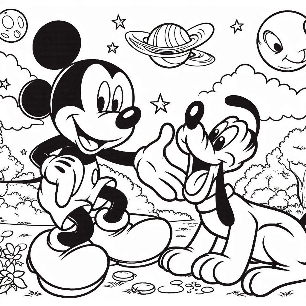 Mickey Mouse speelt met Pluto kleurplaat voor kinderen