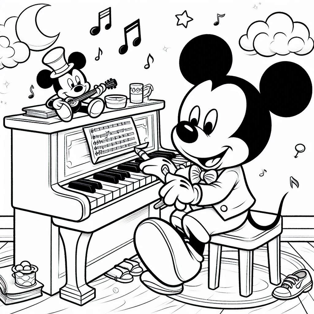 Mickey Mouse speelt piano kleurplaat download