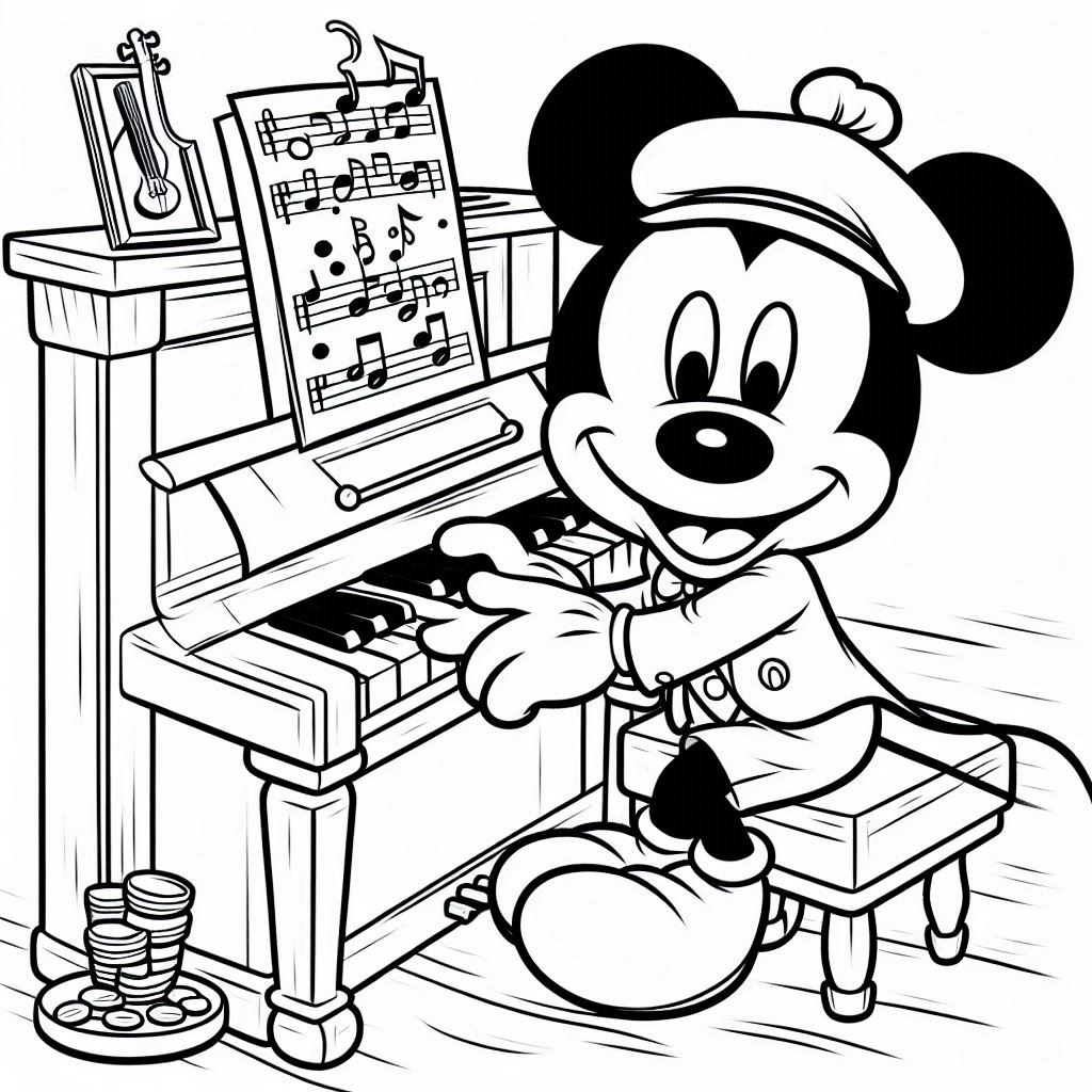 Mickey Mouse speelt piano kleurplaat gratis