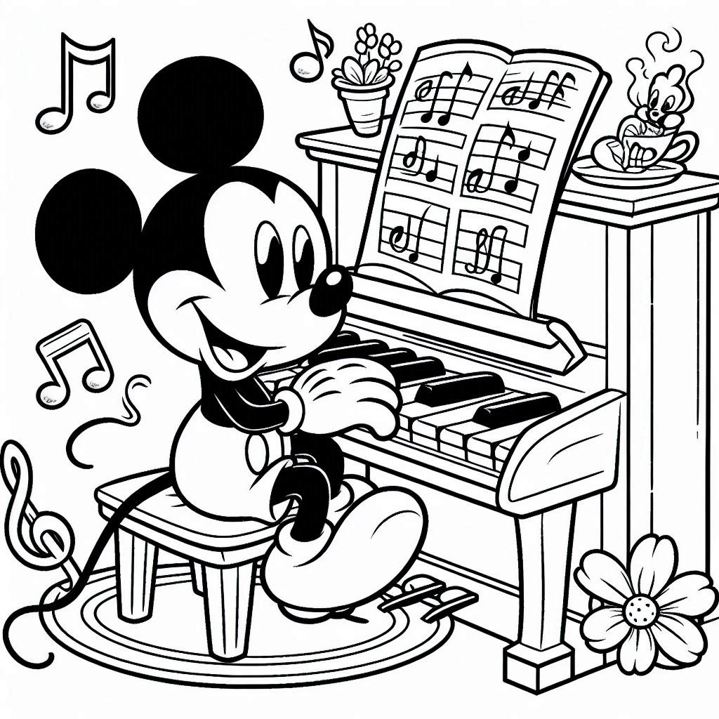 Mickey Mouse speelt piano kleurplaat printen