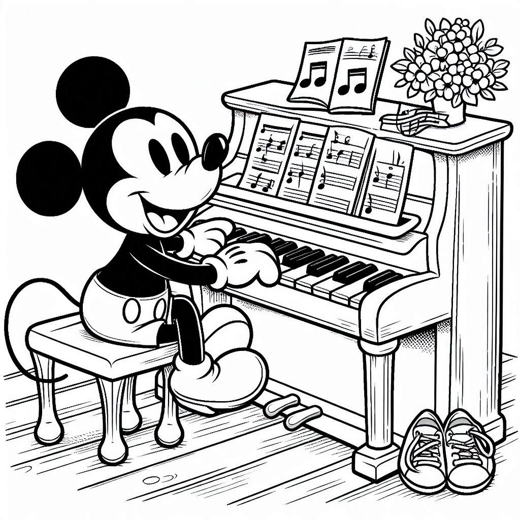 Mickey Mouse speelt piano kleurplaat voor kinderen