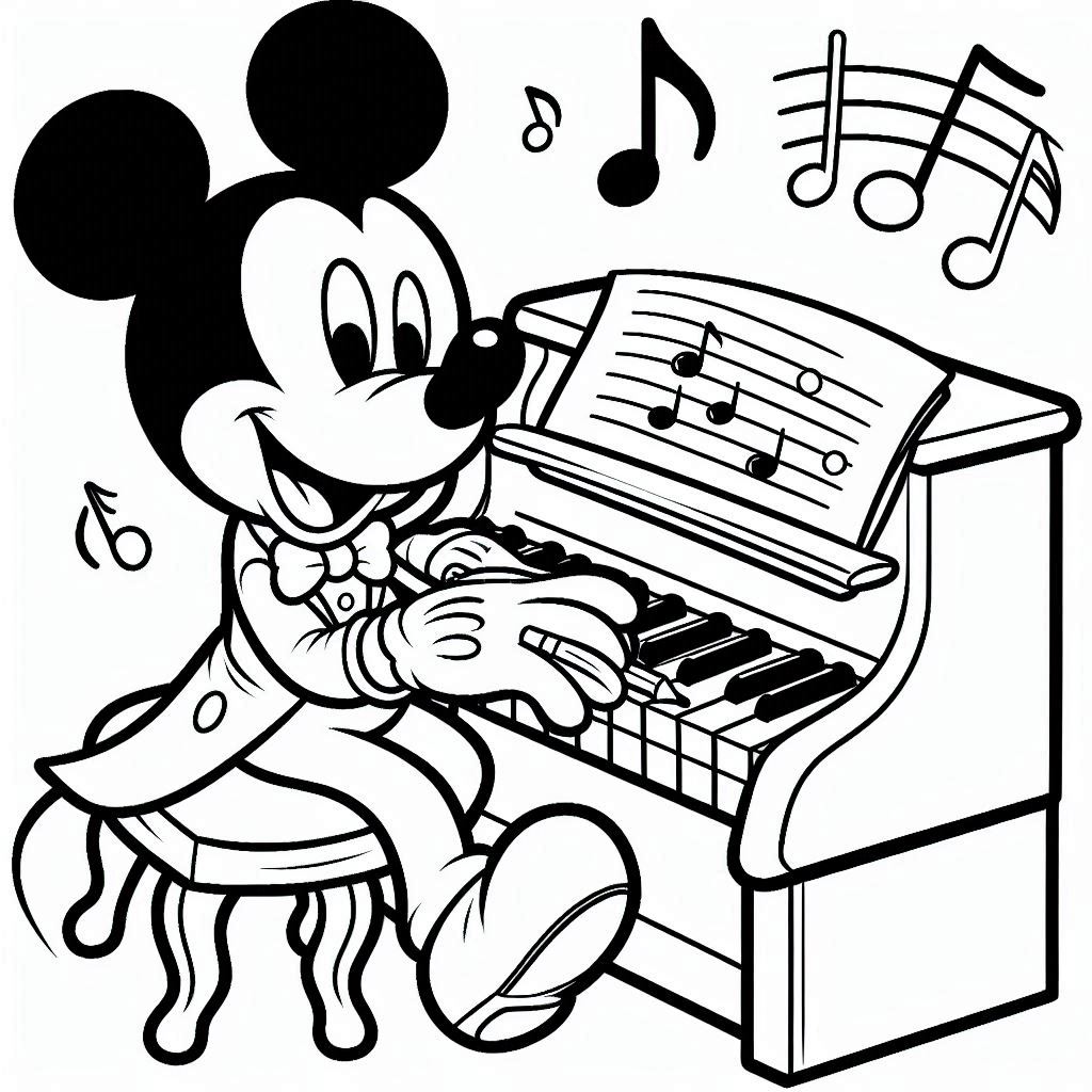 Mickey Mouse speelt piano kleurplaat