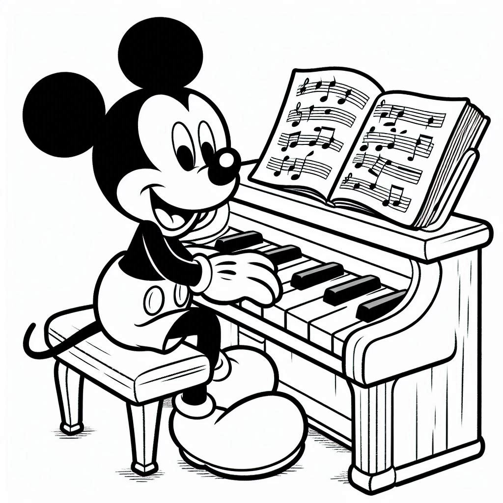 Mickey Mouse speelt piano kleurplaten