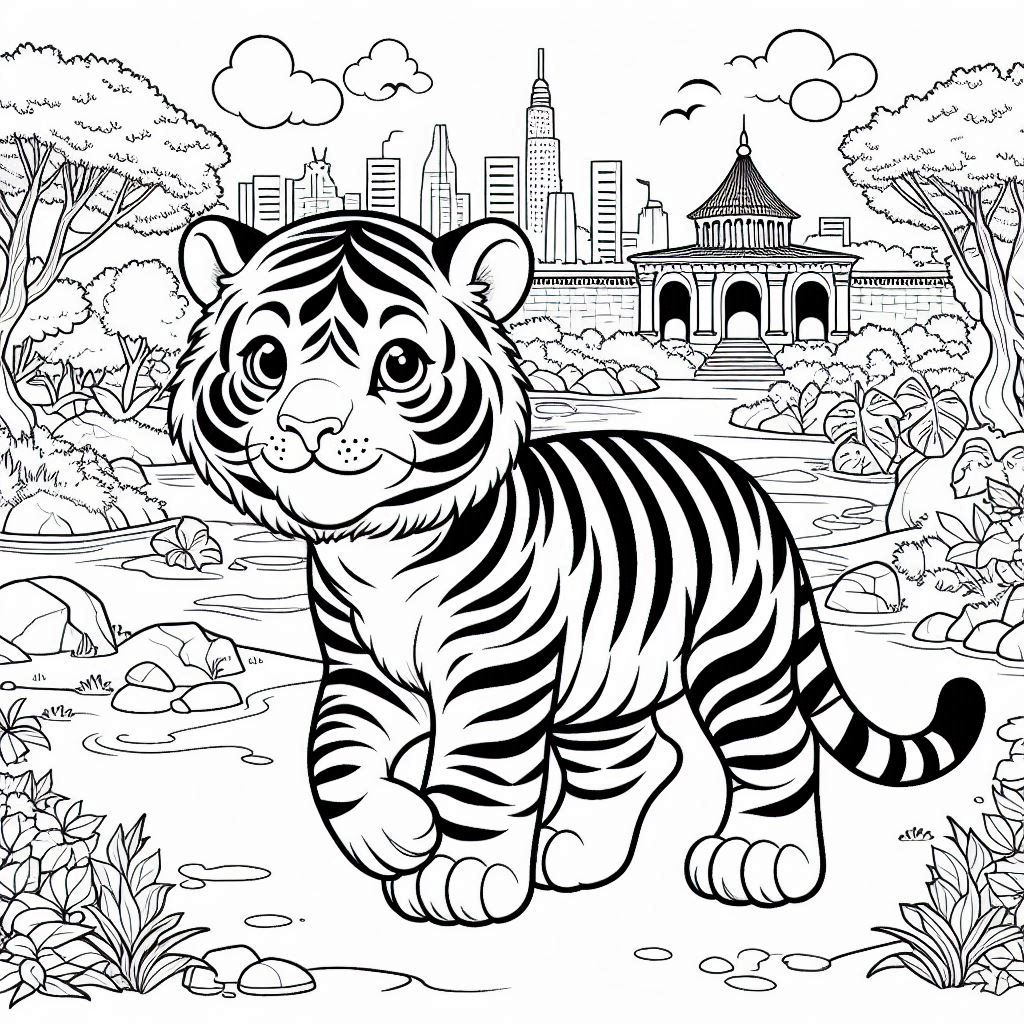 Tijger in de dierentuin kleurplaat print