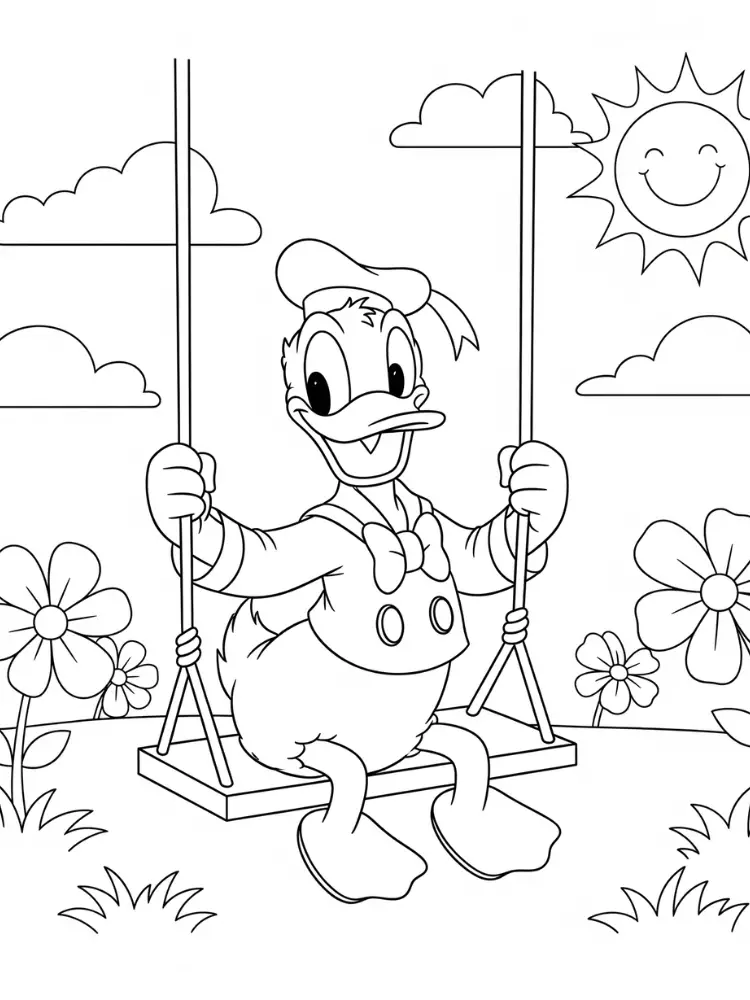 Donald duck kleurplaat 10 donald op de schommel in de zon kleurplaat