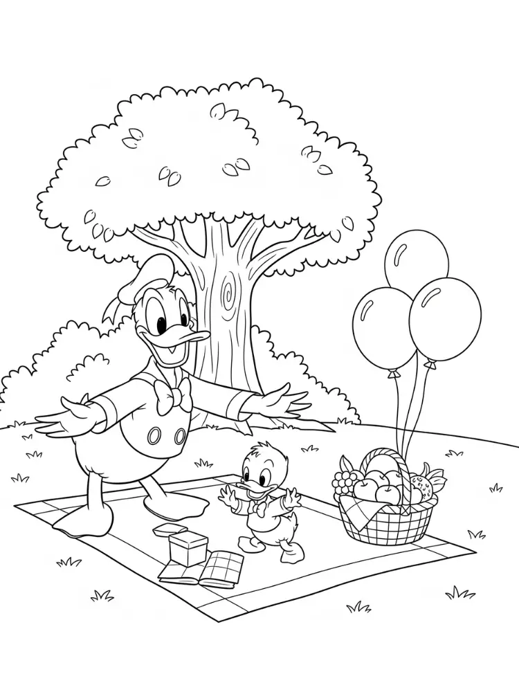 Donald duck kleurplaat 8 donald op picknick met vrolijke ballonnen kleurplaat