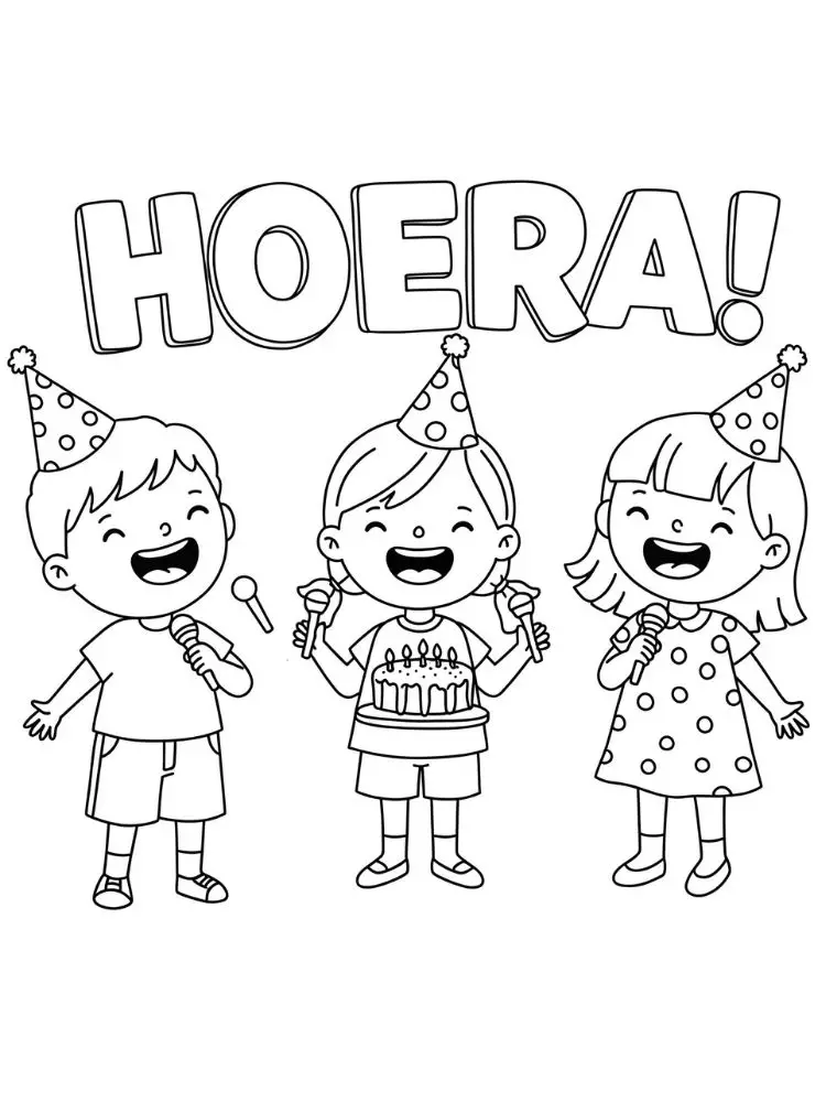 Verjaardag kleurplaat 10 hoera vriendjes zingen feestliedjes kleurplaat