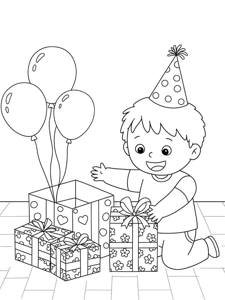 Verjaardag kleurplaat 9 jarig jongetje opent cadeautjes kleurplaat