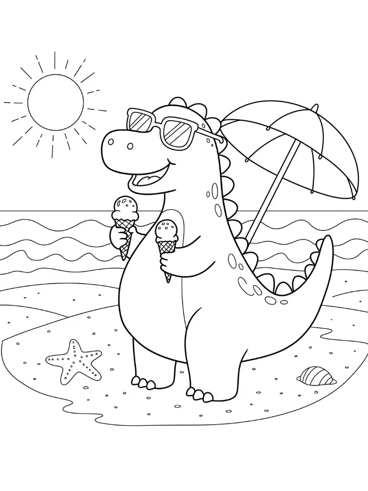 Dinosaurus kleurplaat 10 zomerse stranddino met ijsjes kleurplaat