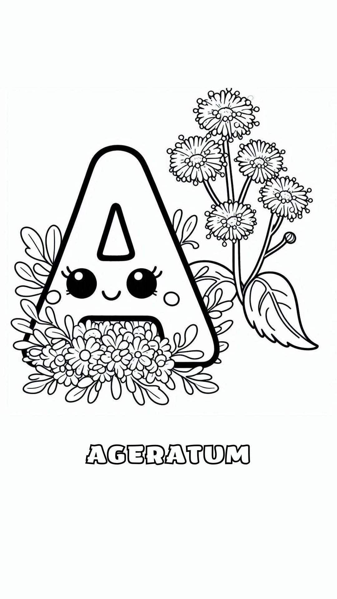 Letter A kleurplaat – bloemen Ageratum