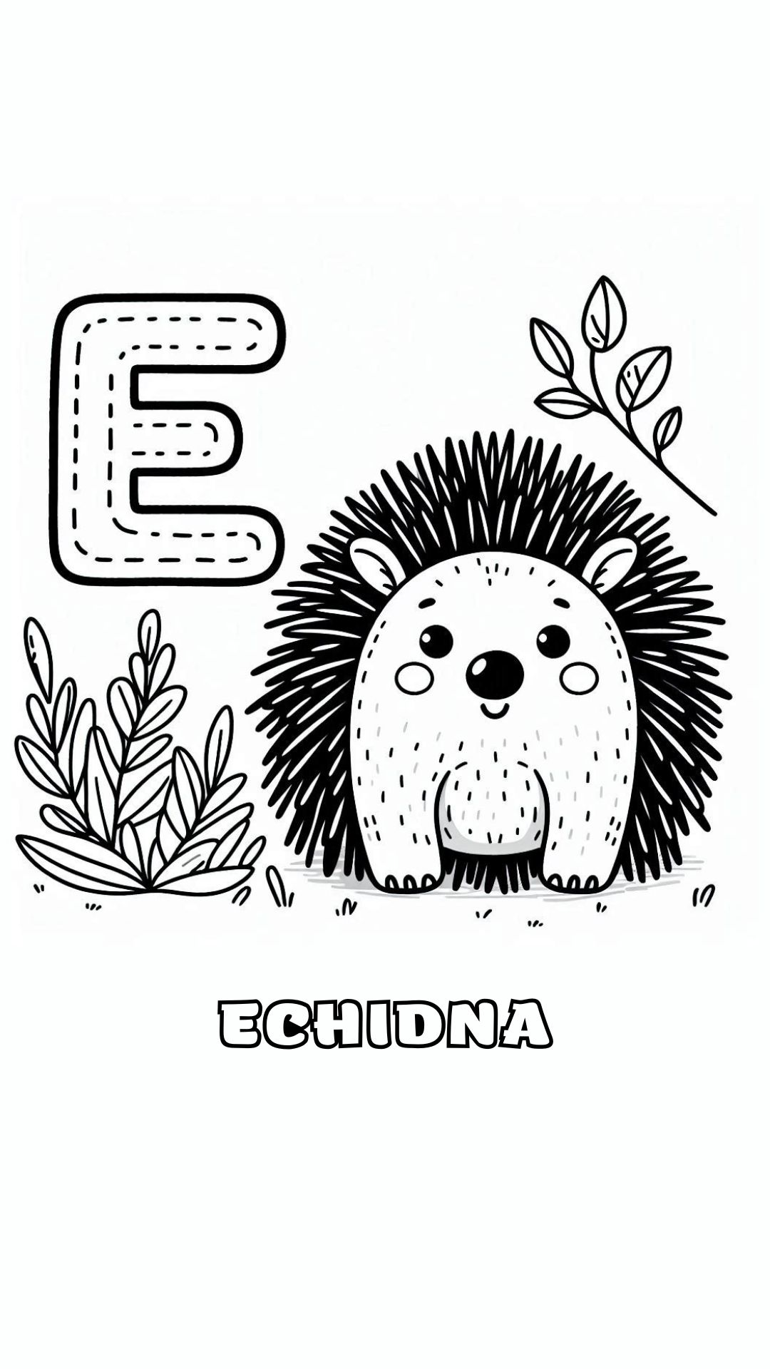 Letter E kleurplaat – Echidna