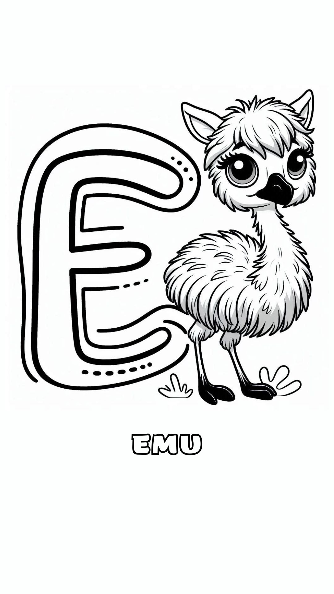 Letter E kleurplaat – Emu