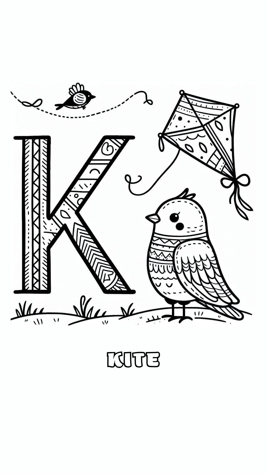 Letter K kleurplaat – Kite