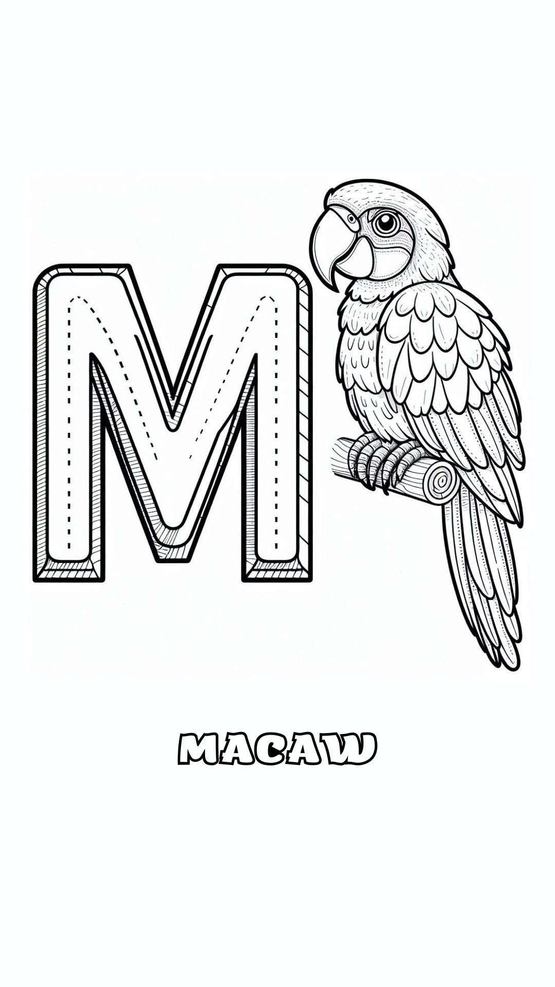 Letter M kleurplaat – Macaw