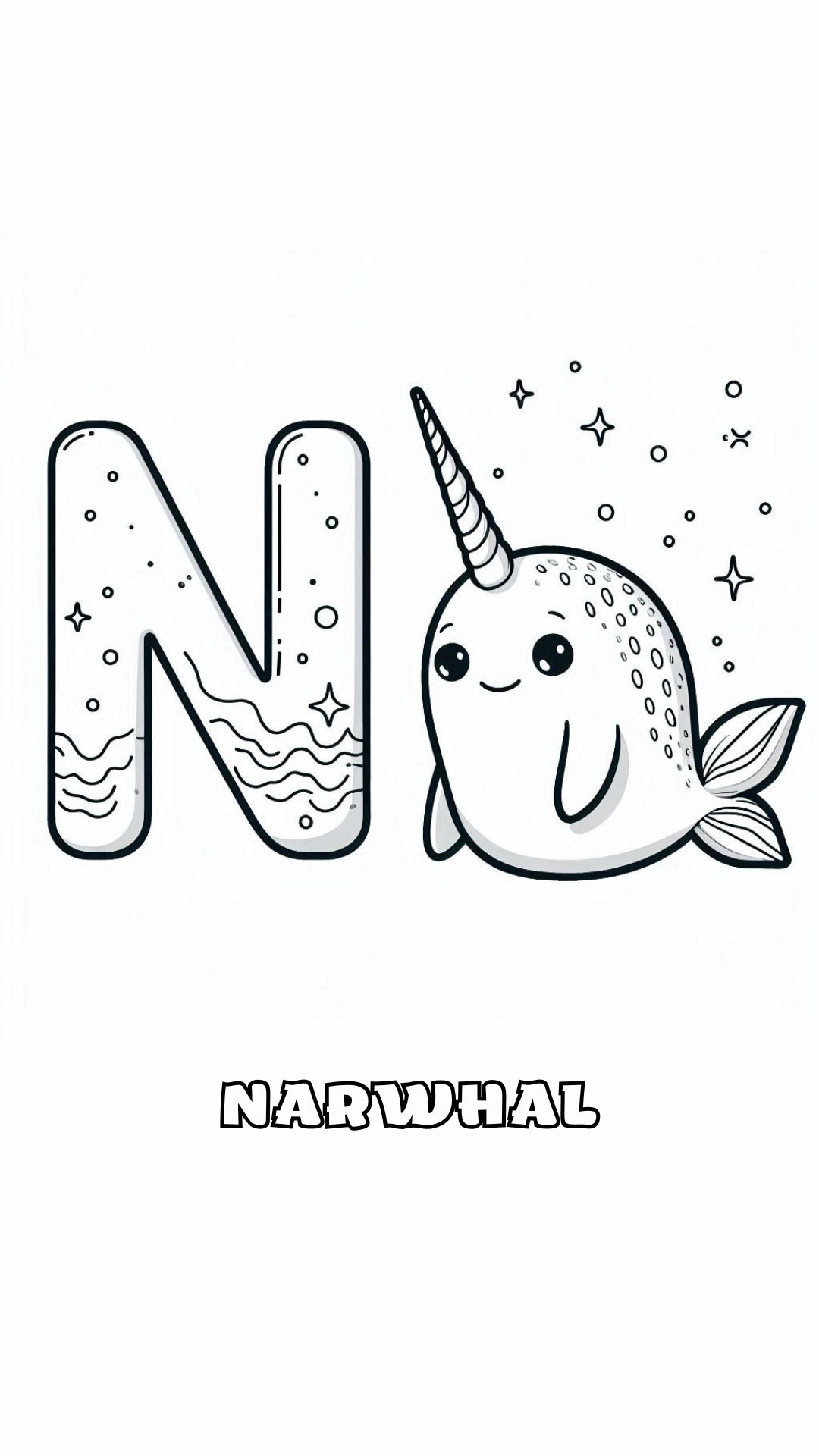 Letter N kleurplaat – Narwhal