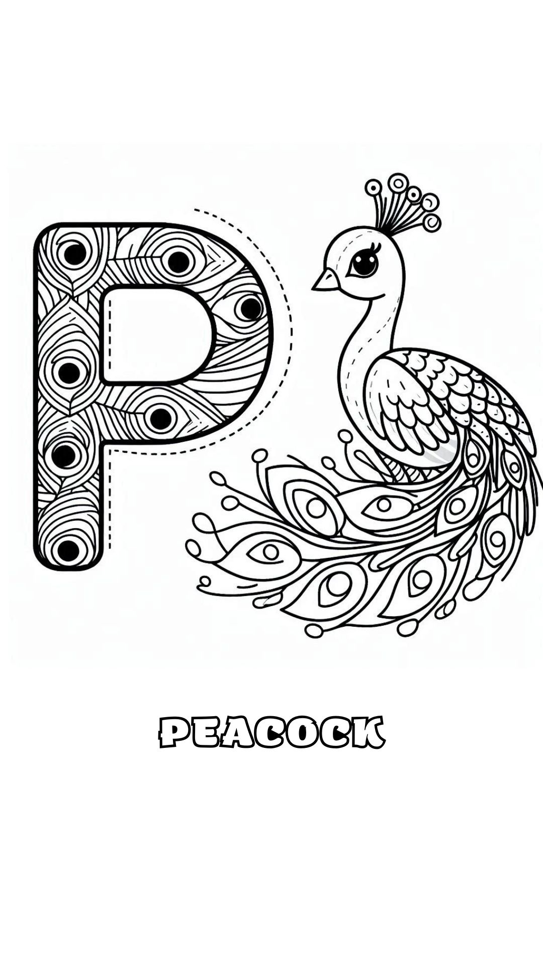 Letter P kleurplaat – Peacock