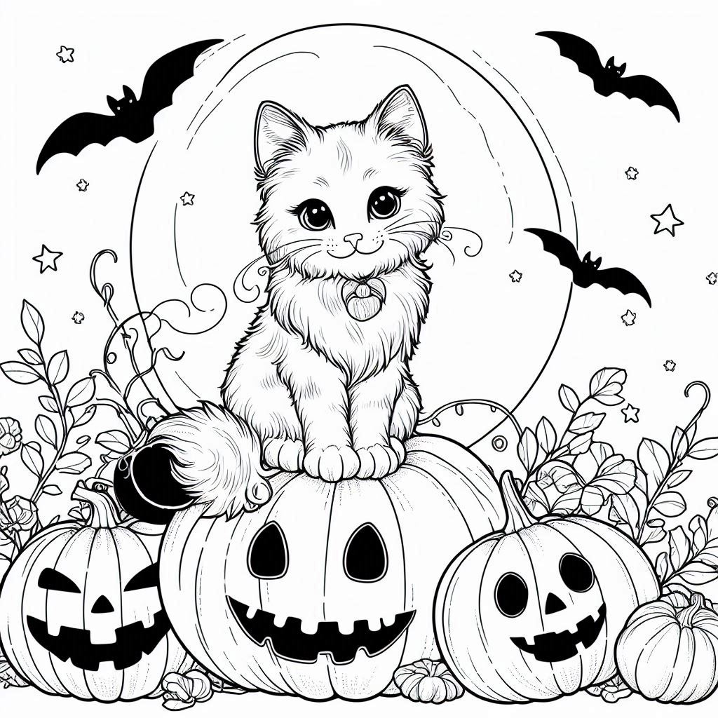 Zwarte kat Halloween kleurplaat11