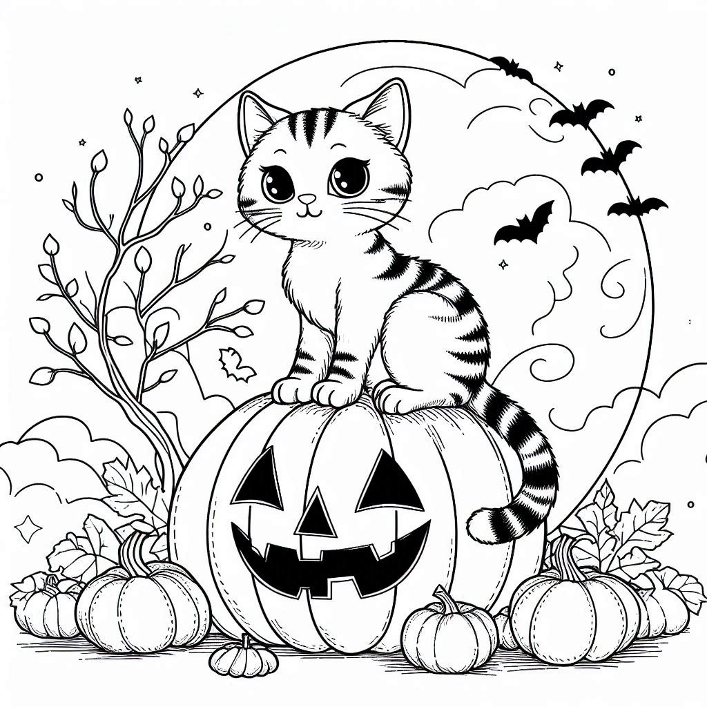 Zwarte kat Halloween kleurplaat14