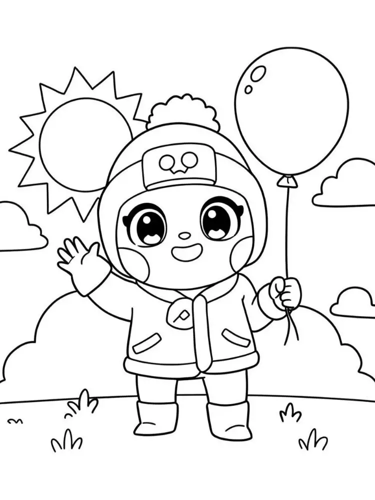 Brawl Stars kleurplaat 8 brawler met ballon in de zon kleurplaat