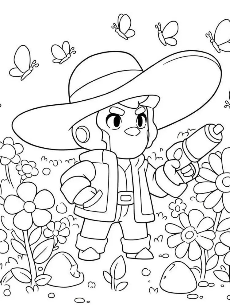 Brawl Stars kleurplaat 10 brawler met grote hoed tussen bloemen en vlinders kleurplaat