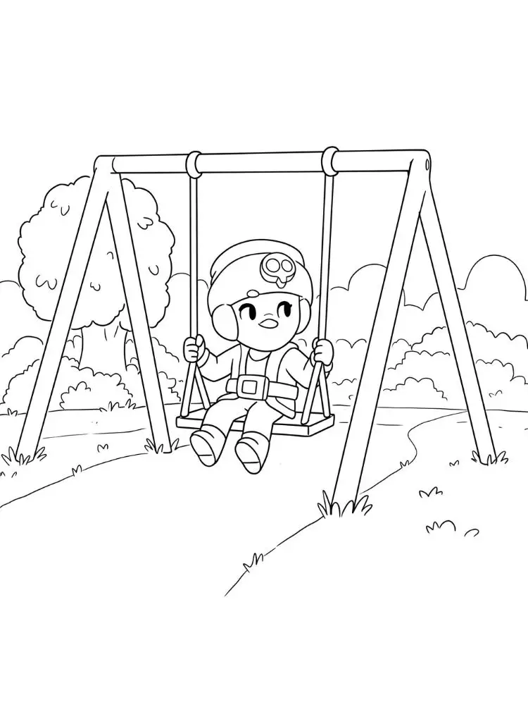 Brawl Stars kleurplaat 9 brawler op de schommel in het park kleurplaat