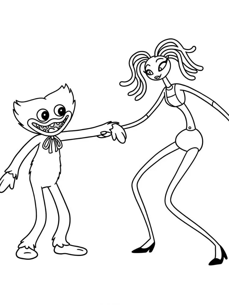 Poppy playtime kleurplaat 10 huggy en mommy long legs houden elkaars hand vast kleurplaat
