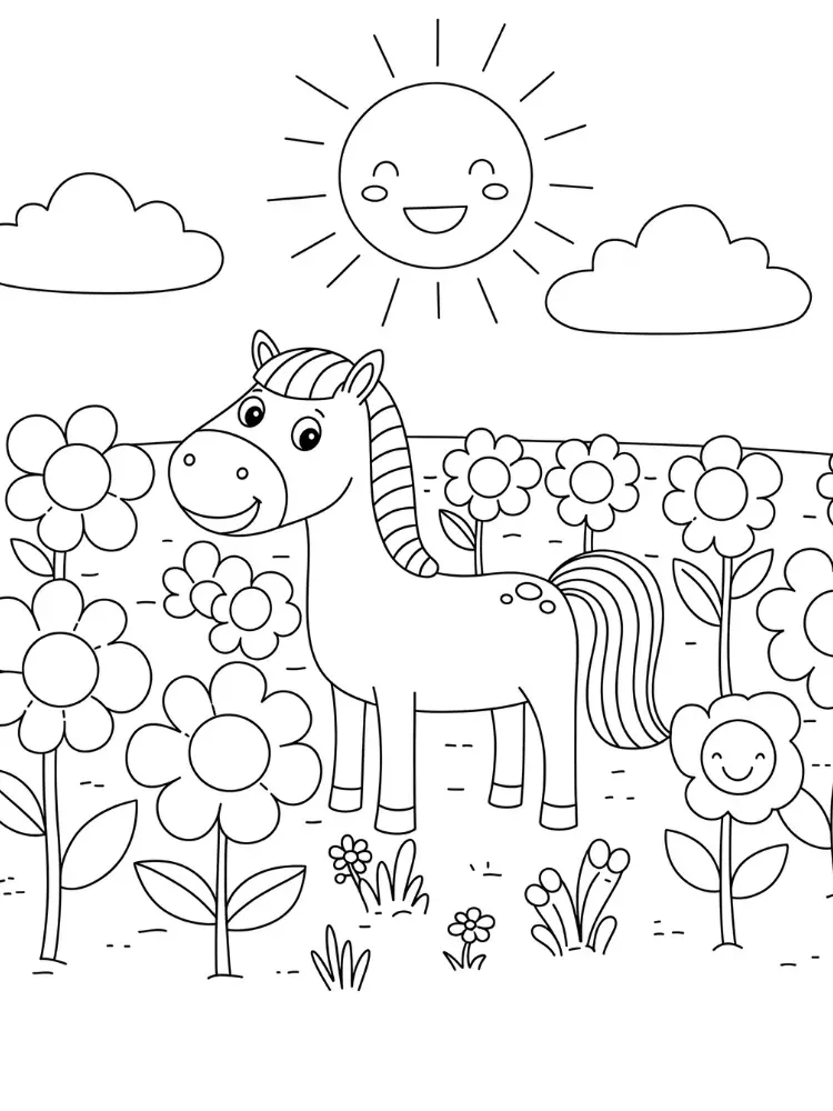 Paard kleurplaat 9 vrolijk paard in een bloemenveld kleurplaat