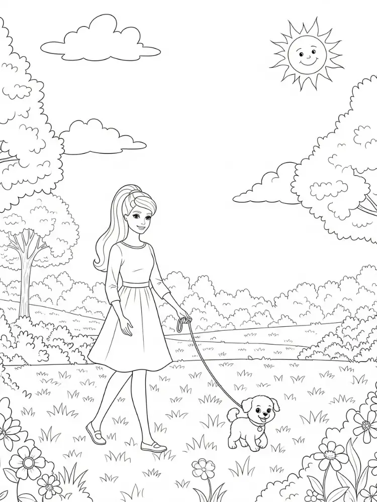 Barbie kleurplaat 10 wandeling in het park met puppy kleurplaat
