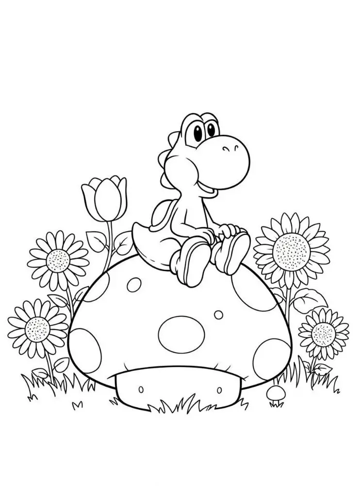 Yoshi kleurplaat 8 yoshi op een paddenstoel kleurplaat