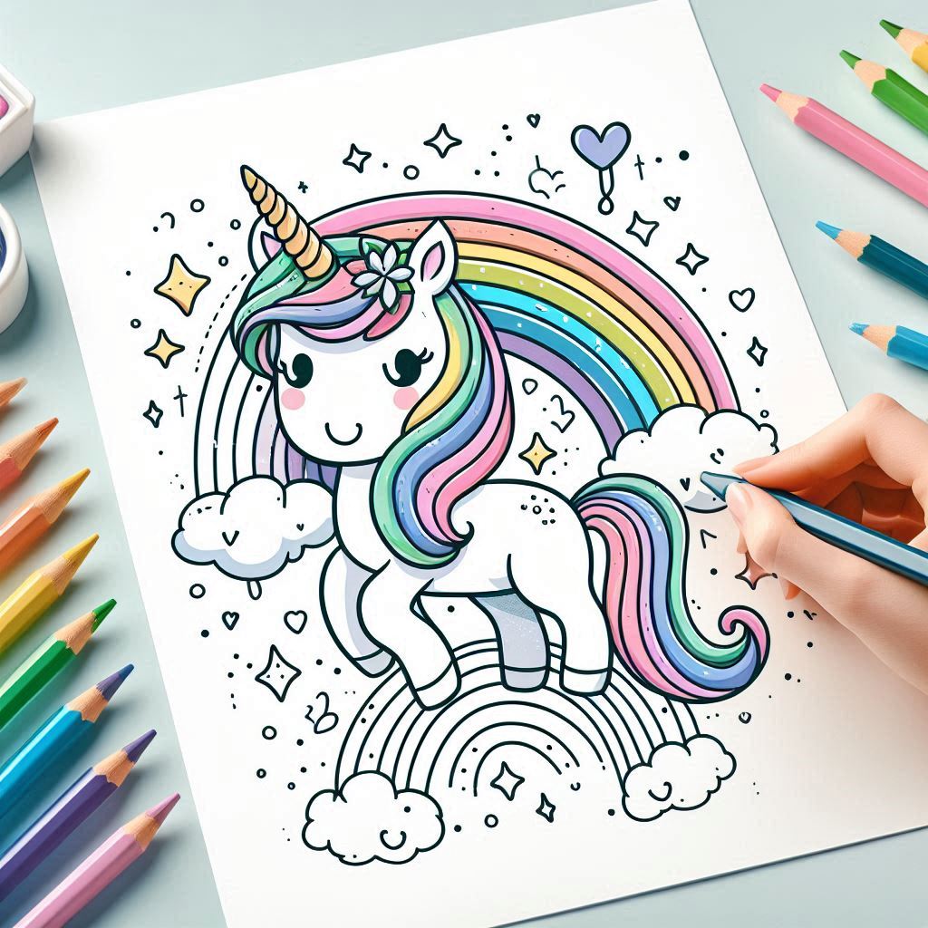 Kleurplaat Unicorn Regenboog thumbnail