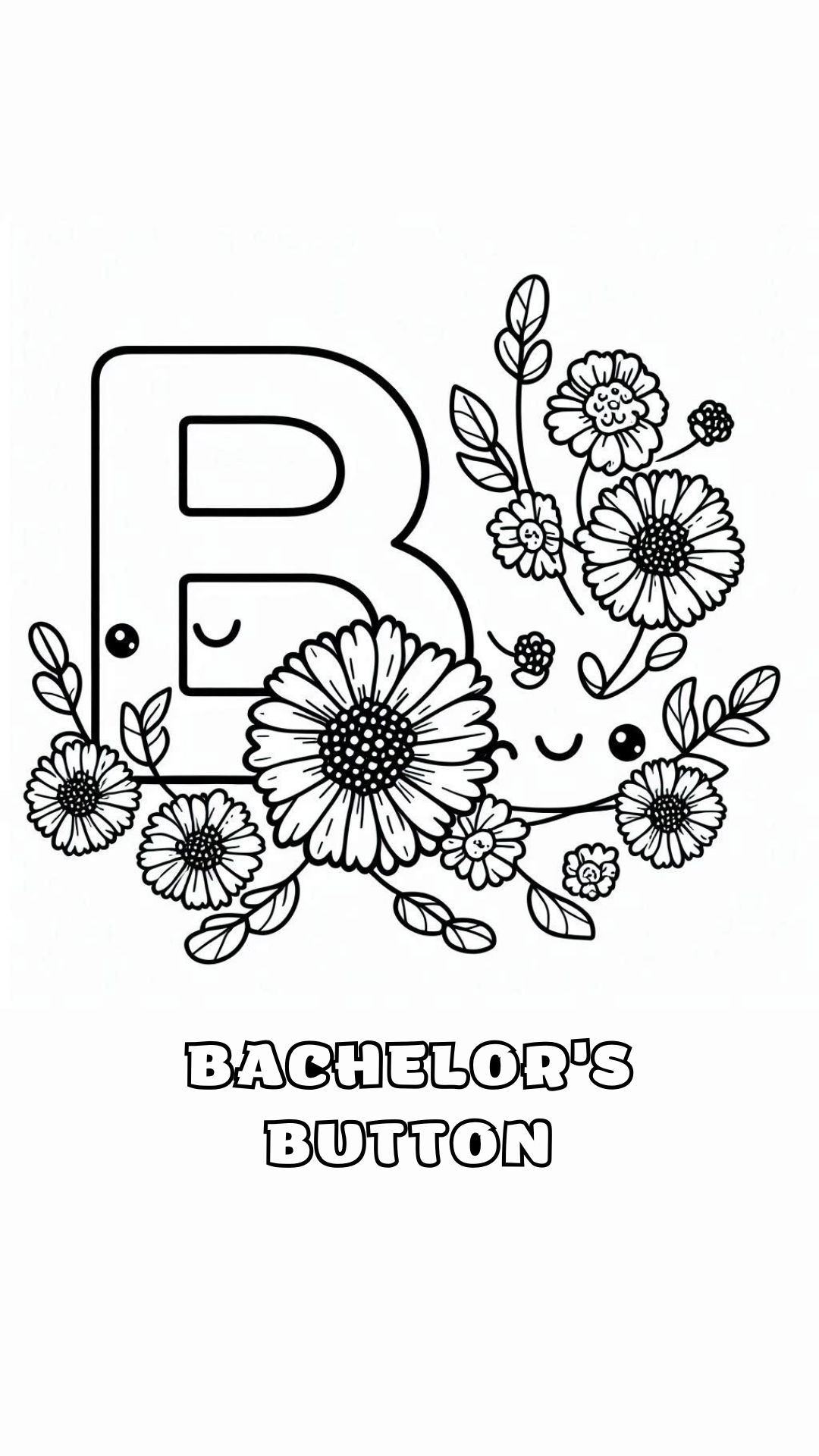 Letter B kleurplaat – bloemen Bachelor’s Button