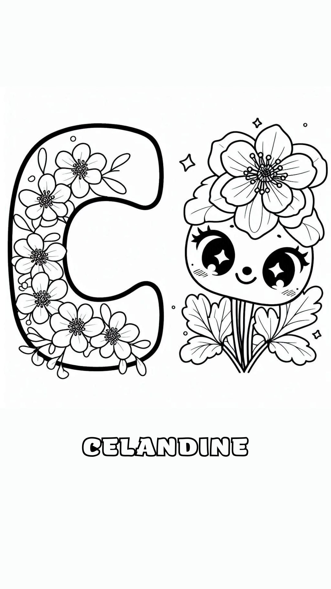 Letter C kleurplaat – bloemen Celandine