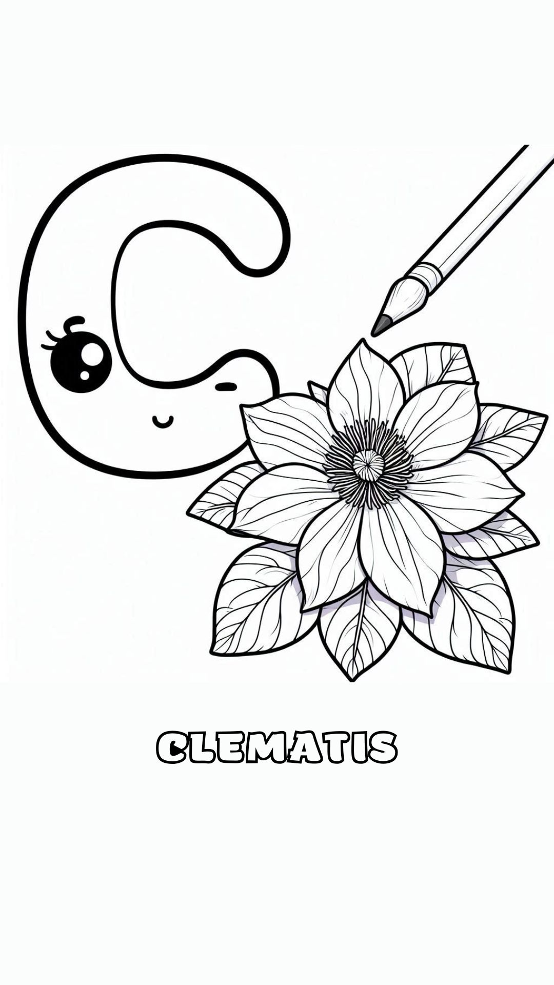 Letter C kleurplaat – bloemen Clematis