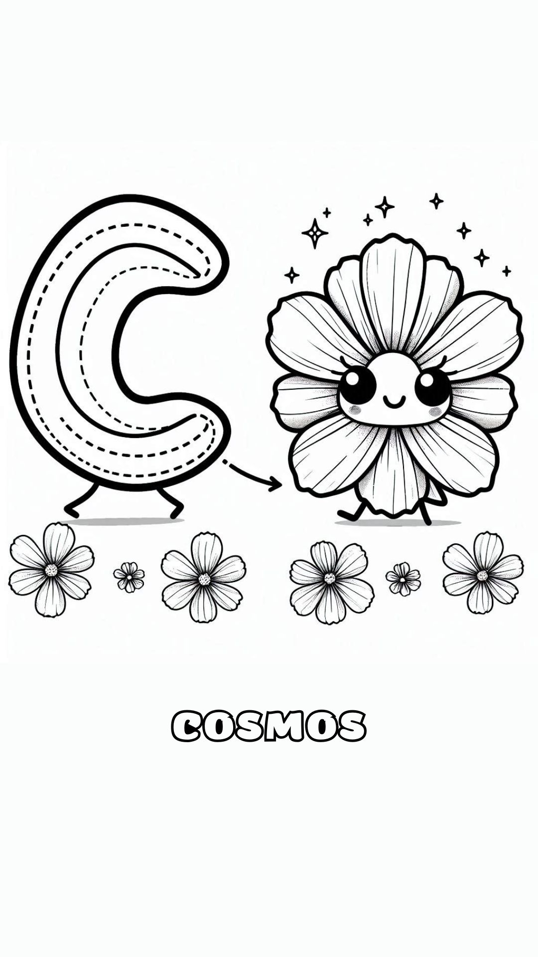 Letter C kleurplaat – bloemen Cosmos