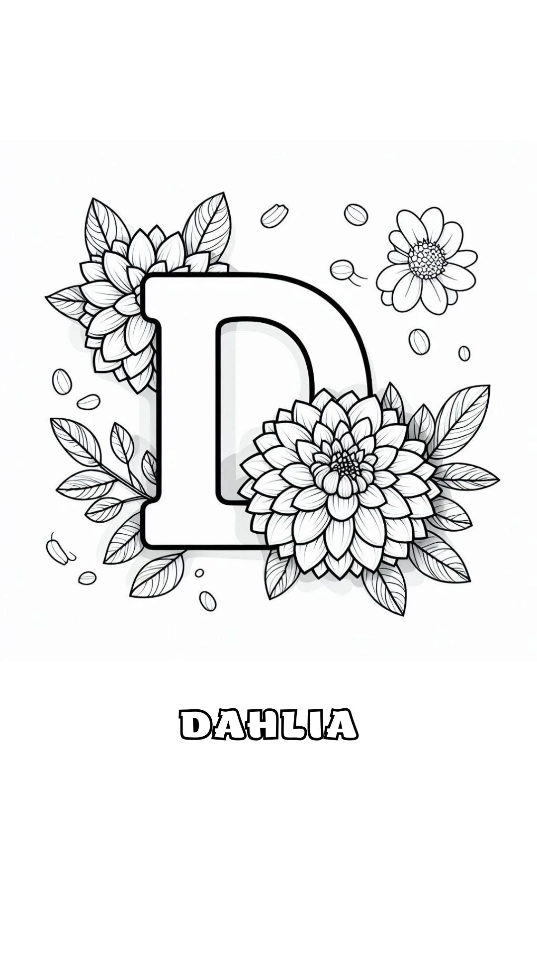 Letter D kleurplaat – bloemen Dahlia