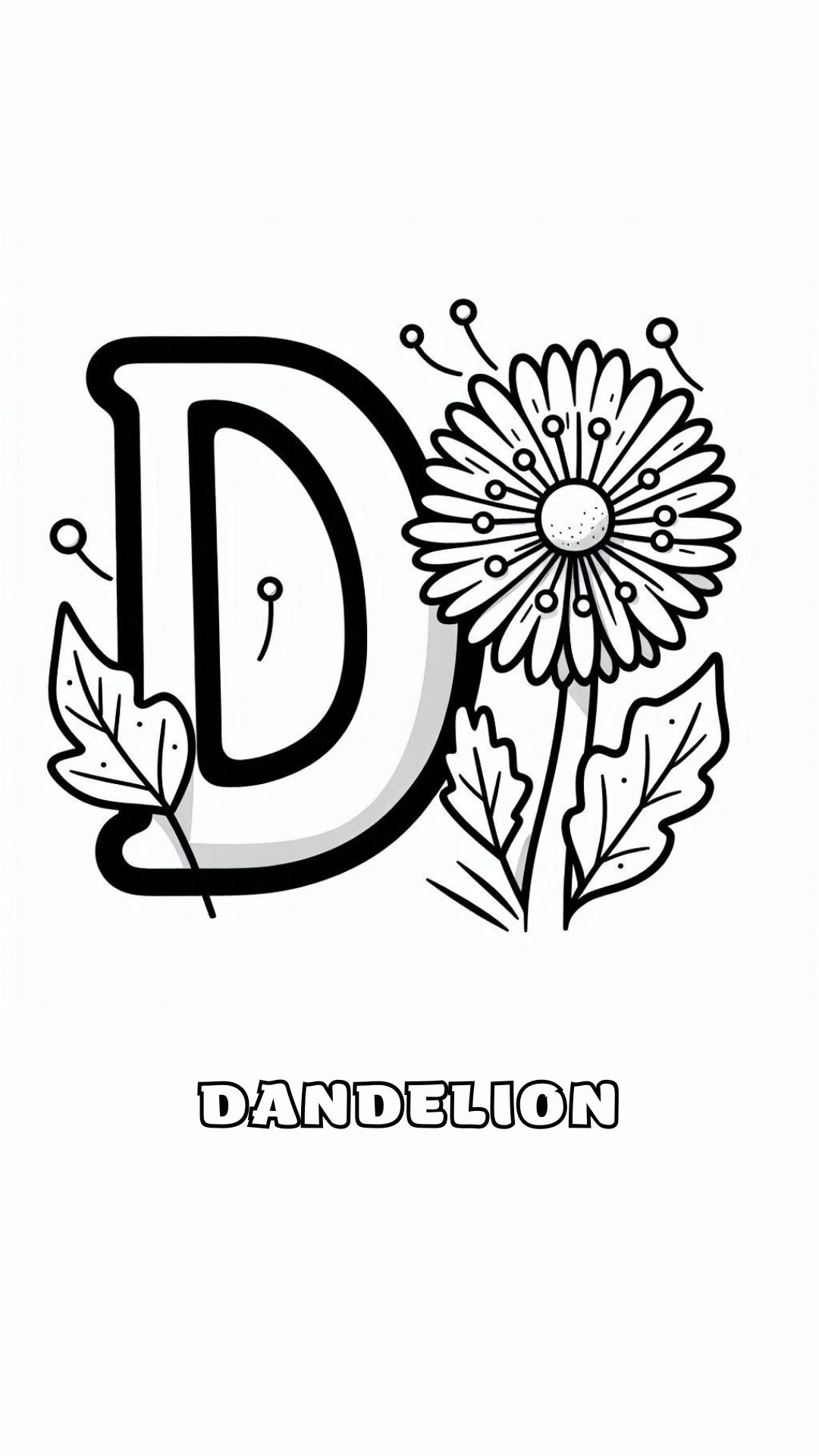 Letter D kleurplaat – bloemen Dandelion