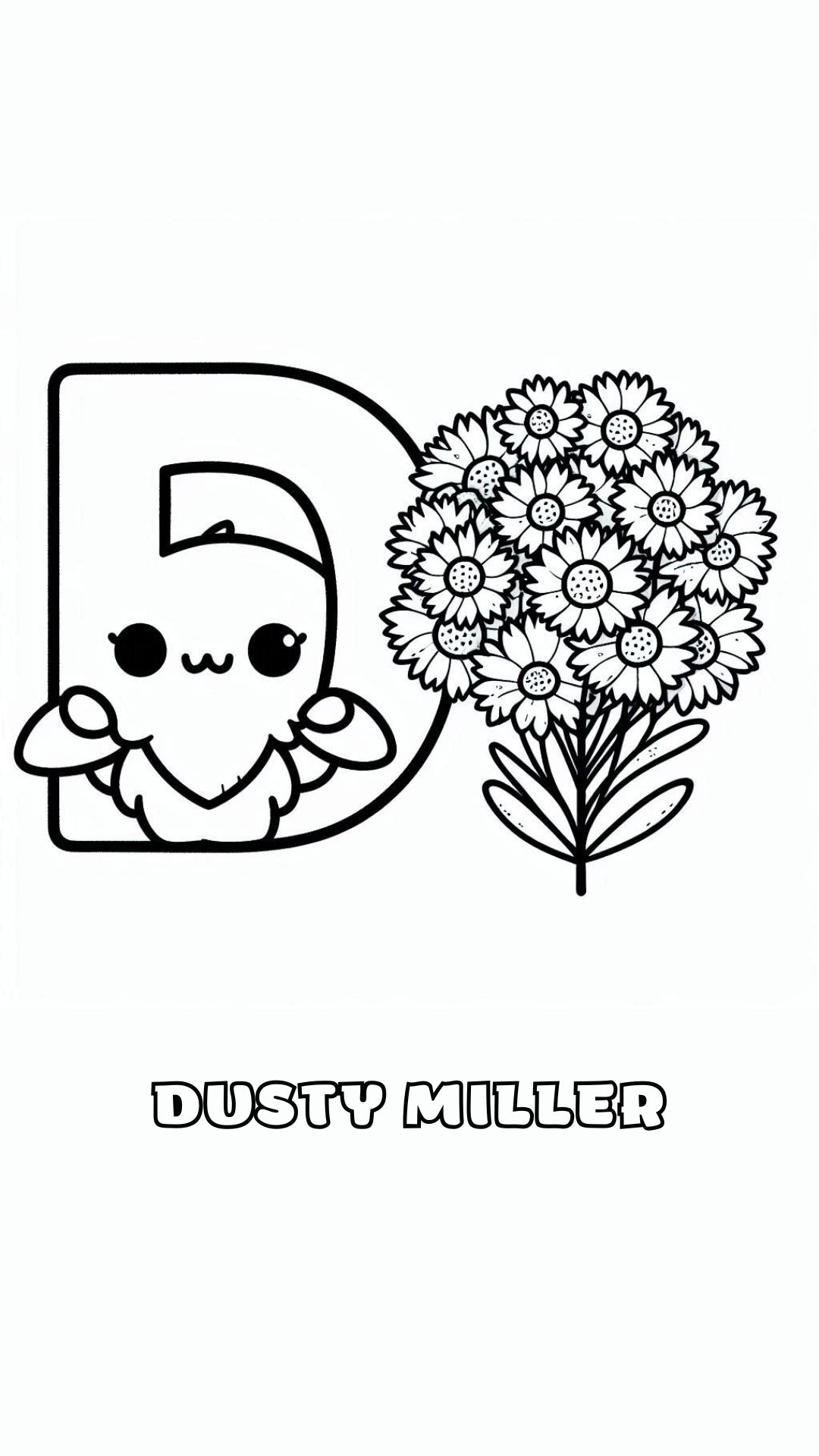 Letter D kleurplaat – bloemen Dusty Miller