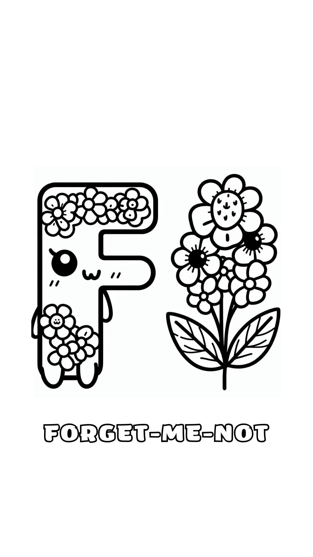 Letter F kleurplaat – bloemen Forget me not