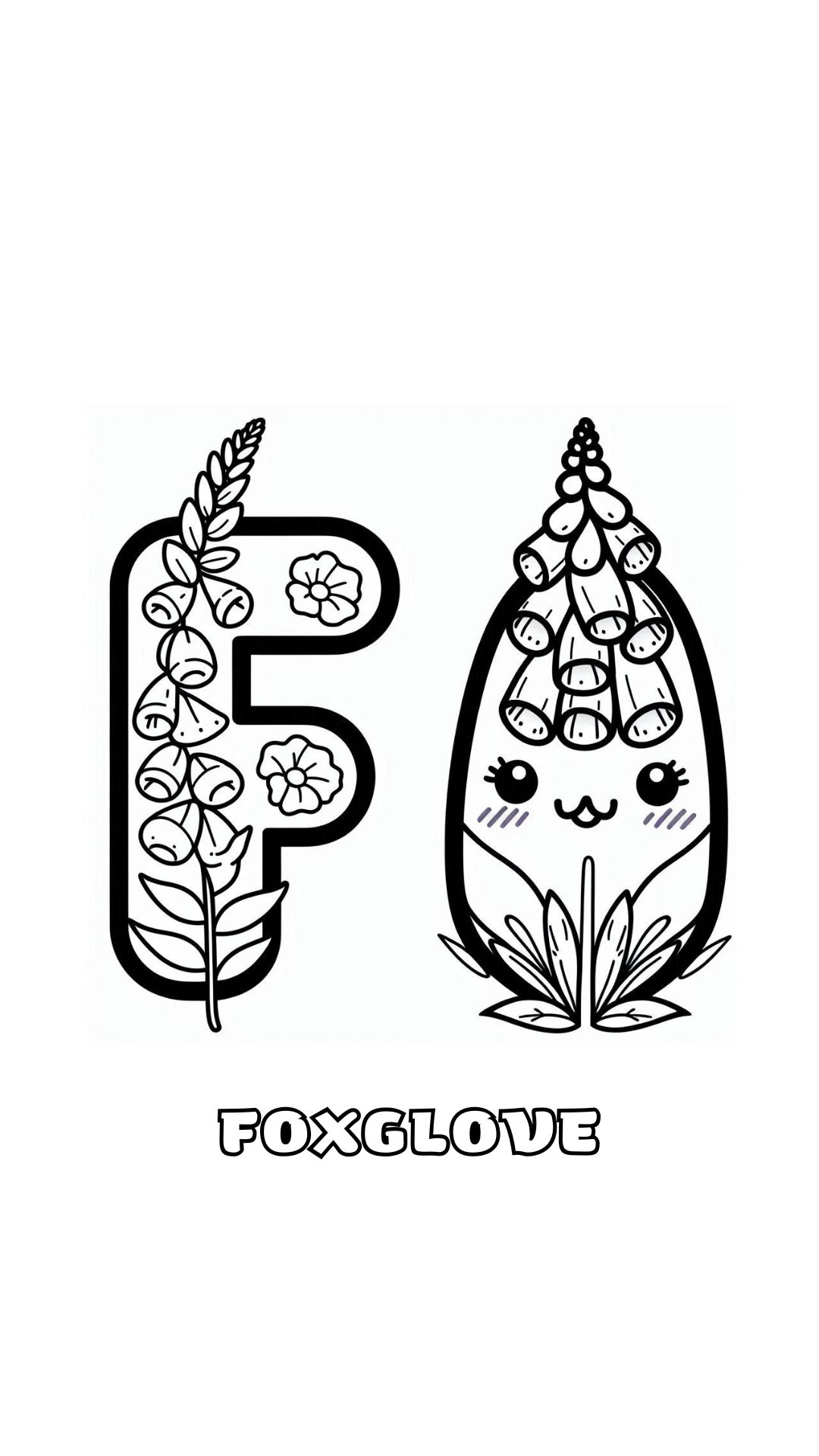 Letter F kleurplaat – bloemen Foxglove