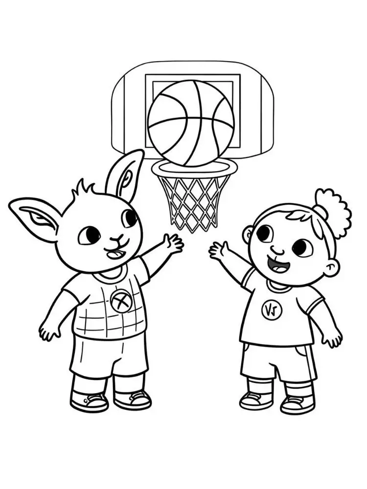 Bing kleurplaat 10 bing speelt basketbal met een vriendin kleurplaat