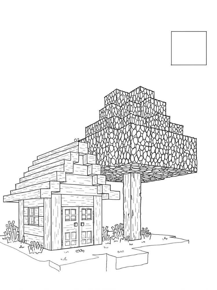 Minecraft kleurplaat 8 blokkenhuis naast een boom kleurplaat