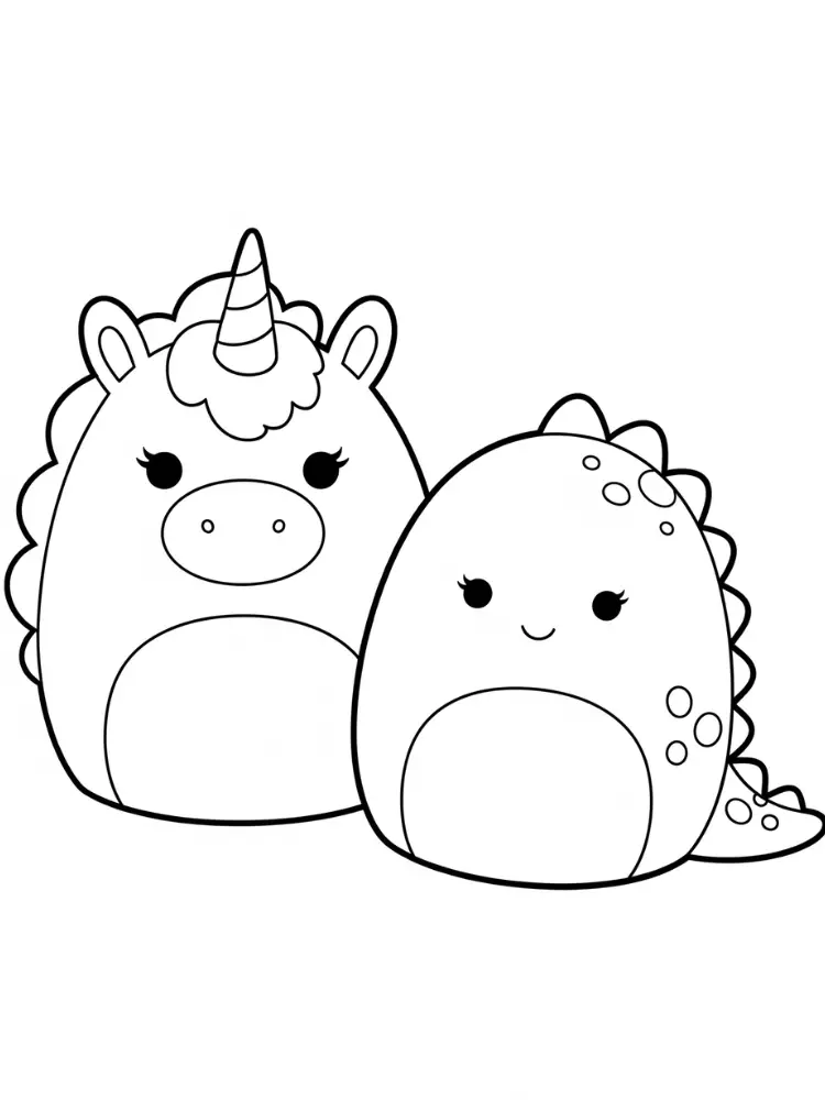 Squishmallow Kleurplaat 8 eenhoorn en dinosaurus vriendjes kleurplaat