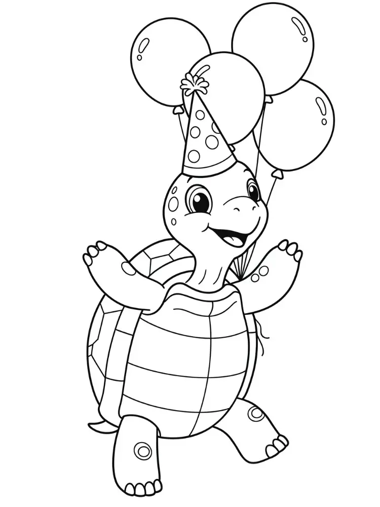 Kleurplaat schildpad 9 feestende schildpad met ballonnen kleurplaat