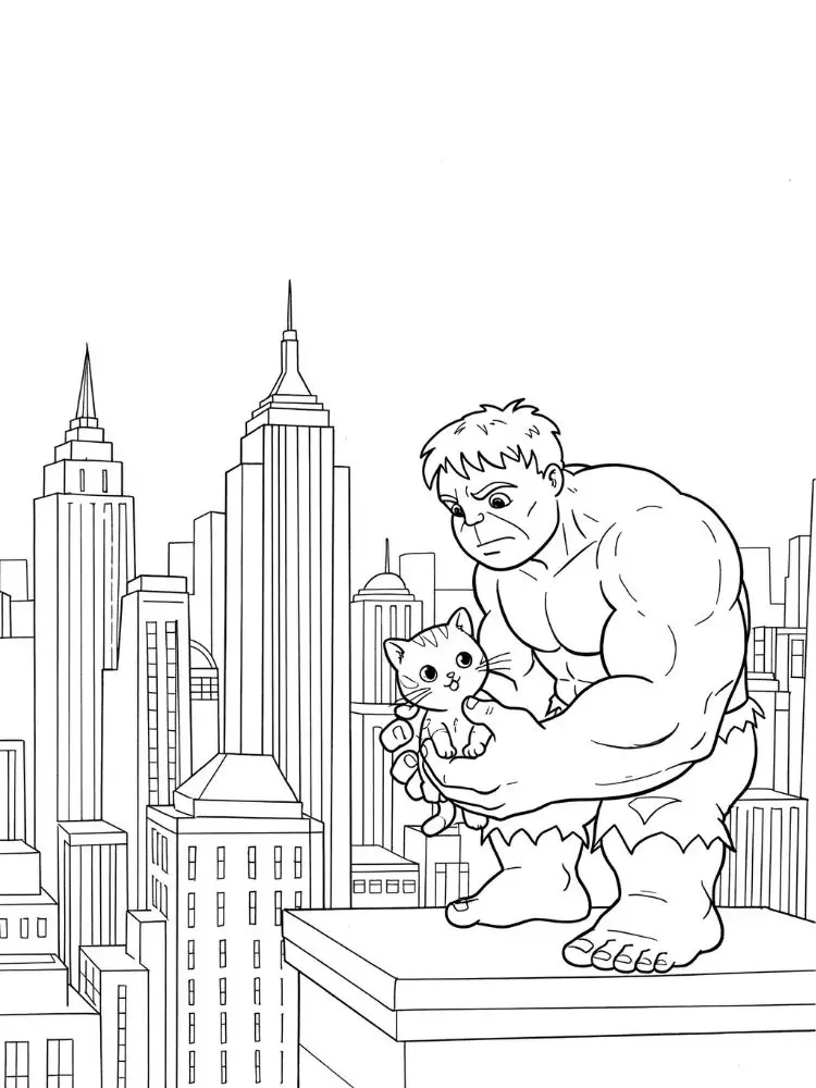 Kleurplaat Hulk 9 hulk met poesje op het dak kleurplaat