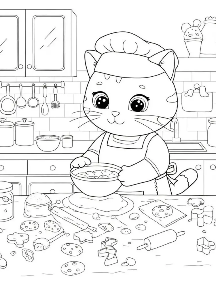 Kat kleurplaat 8 kat bakt koekjes kleurplaat