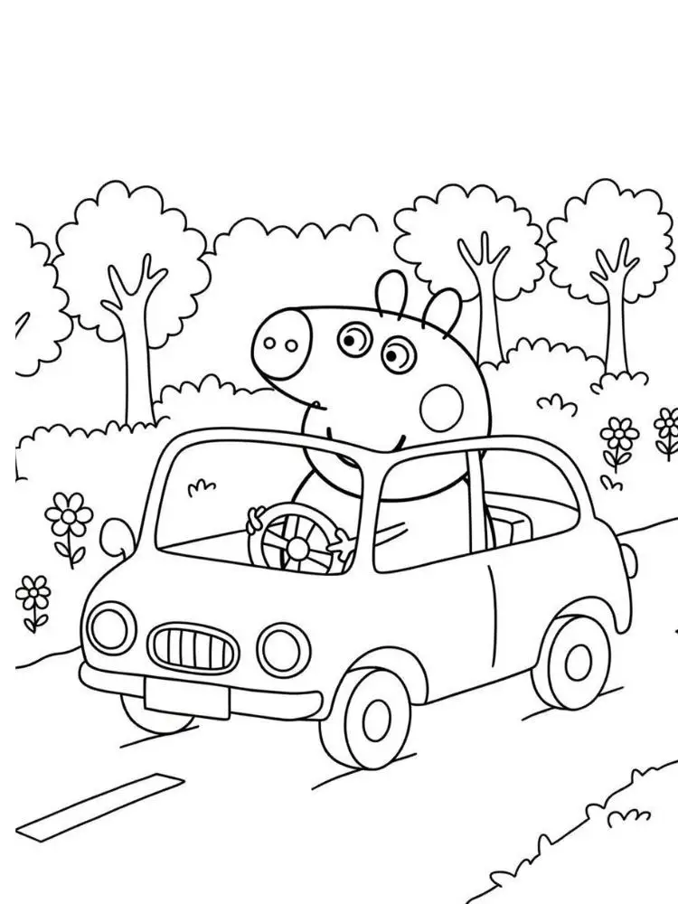 Peppa Pig kleurplaat 10 papa big op avontuur met de auto kleurplaat