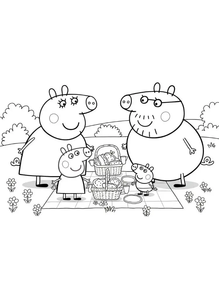 Peppa Pig kleurplaat 9 picknick met het hele gezin kleurplaat