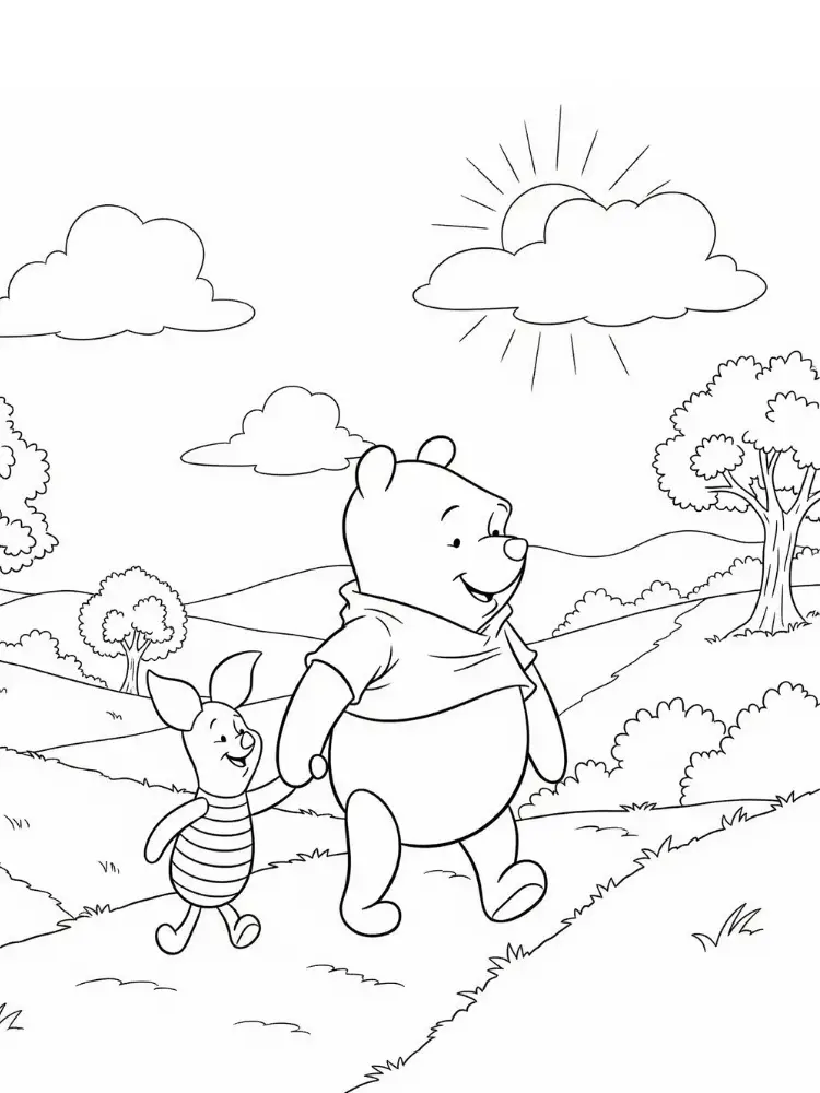 Kleurplaat Winnie the Pooh 9 poeh en knorretje wandelen in de zon kleurplaat